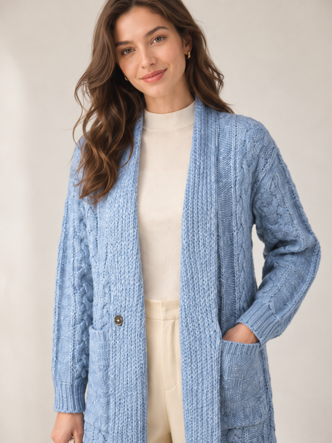 Women's Wool Blend Long Cable Knit Cardigan Sweater