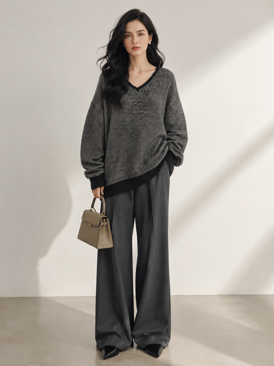 Women's Faux Mink Fur V Neck Striped Knit Sweater