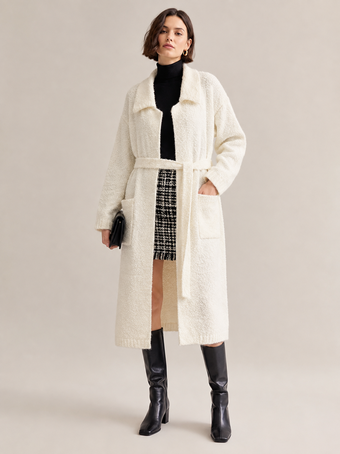 Women's Wool Blend Boucle Long Knit Coat Cardigan