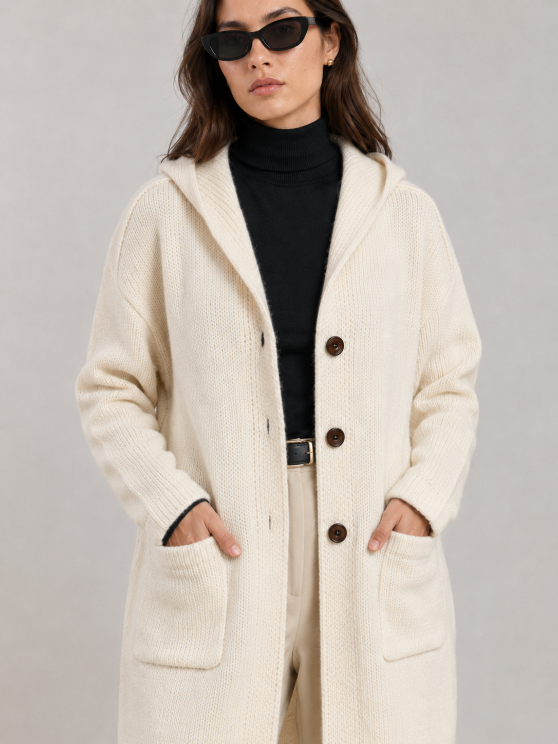 Women's Wool Blend Hooded Long Cardigan Coat with Wooden Buttons