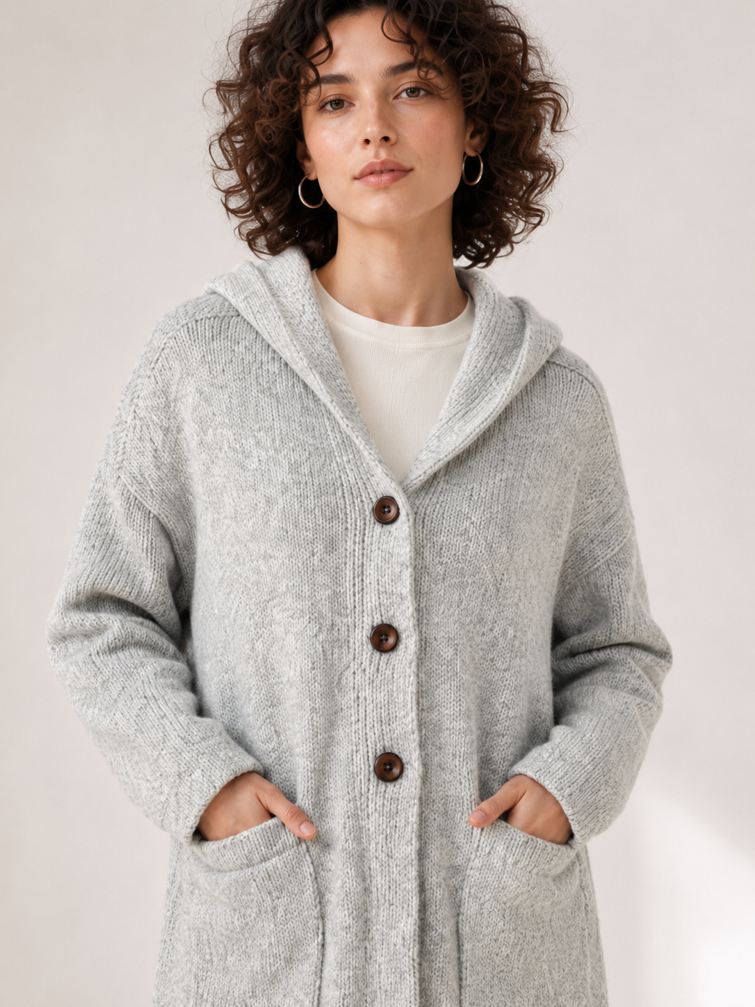 Women's Wool Blend Hooded Long Cardigan Coat with Wooden Buttons