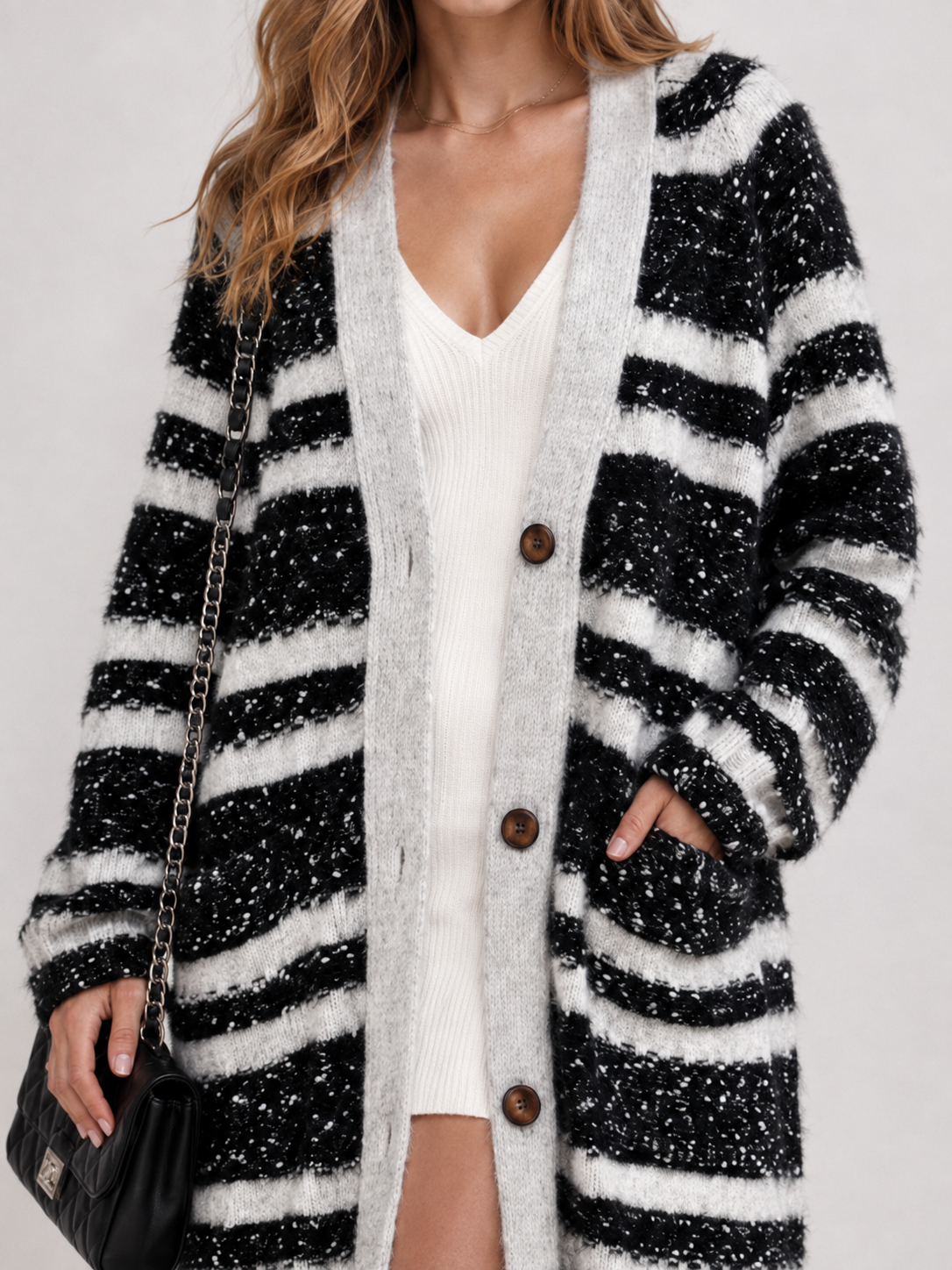 Women's Long Wool Blend Cardigan Coat with V Neck Wooden Buttons