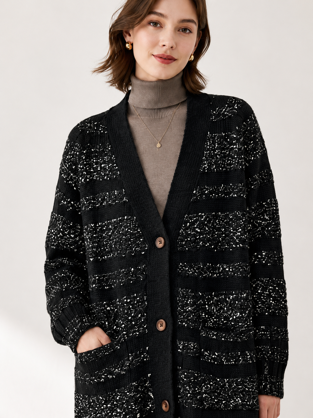 Women's Long Wool Blend Cardigan Coat with V Neck Wooden Buttons