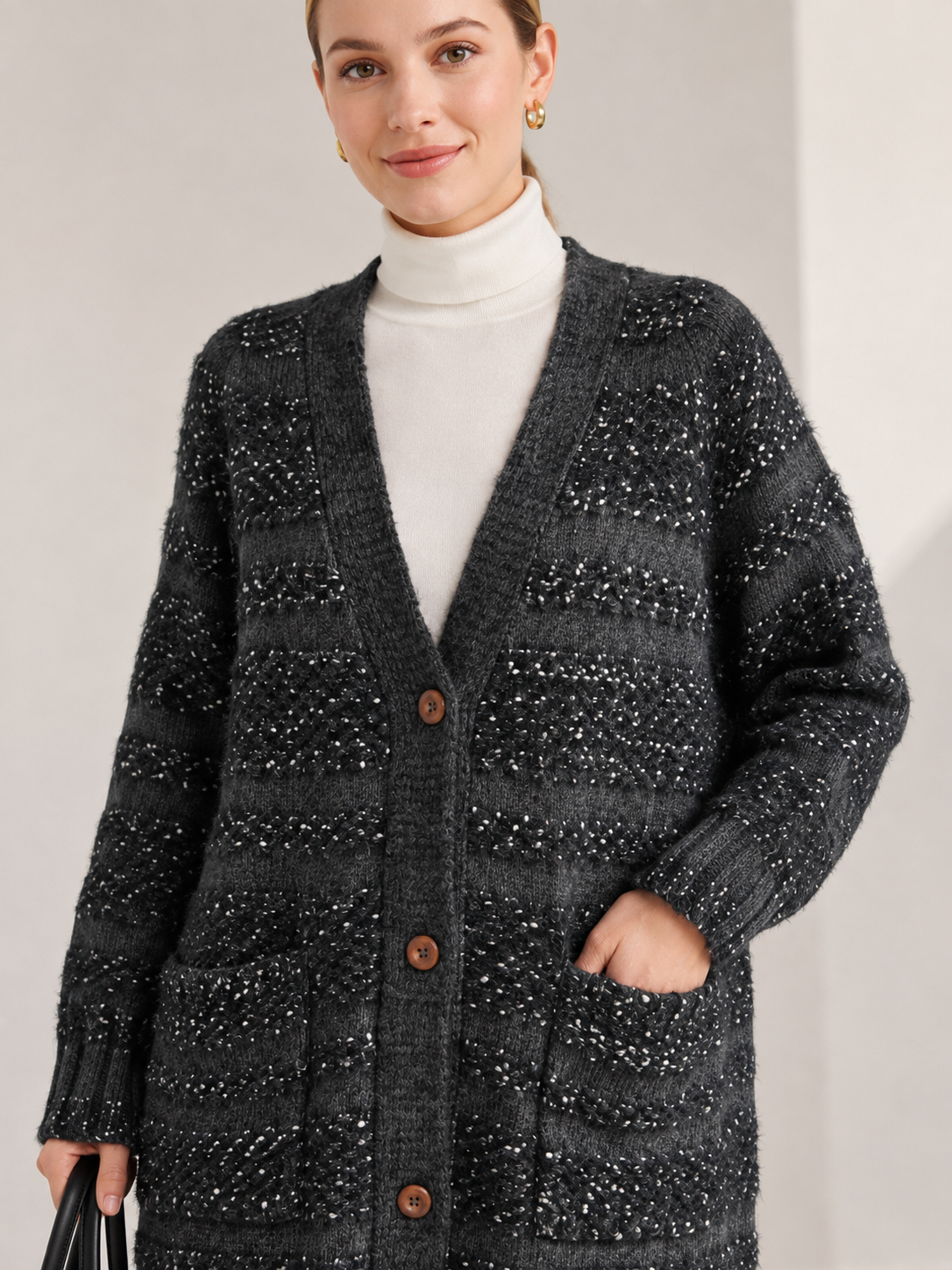 Women's Long Wool Blend Cardigan Coat with V Neck Wooden Buttons