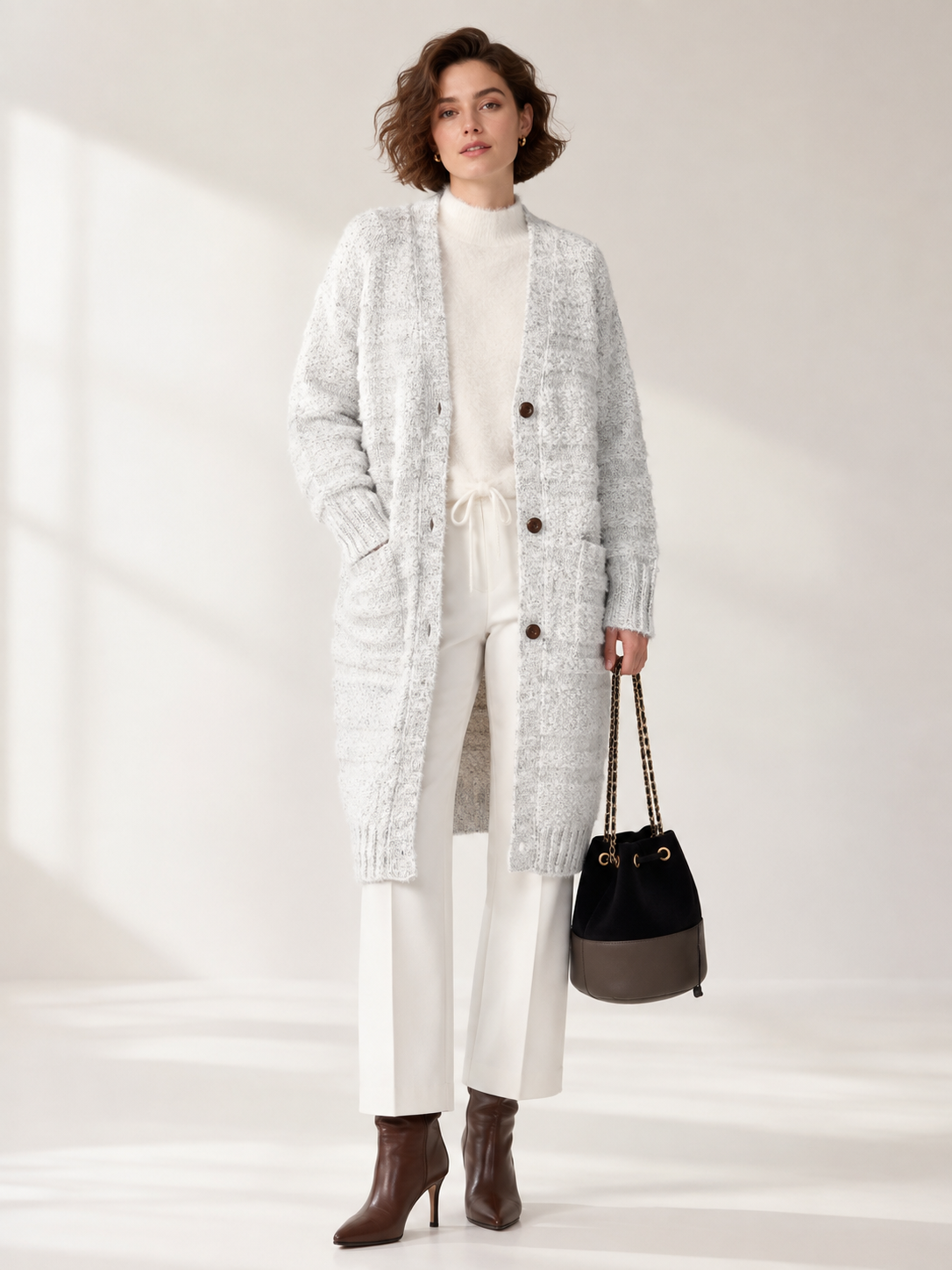 Women's Long Wool Blend Cardigan Coat with V Neck Wooden Buttons
