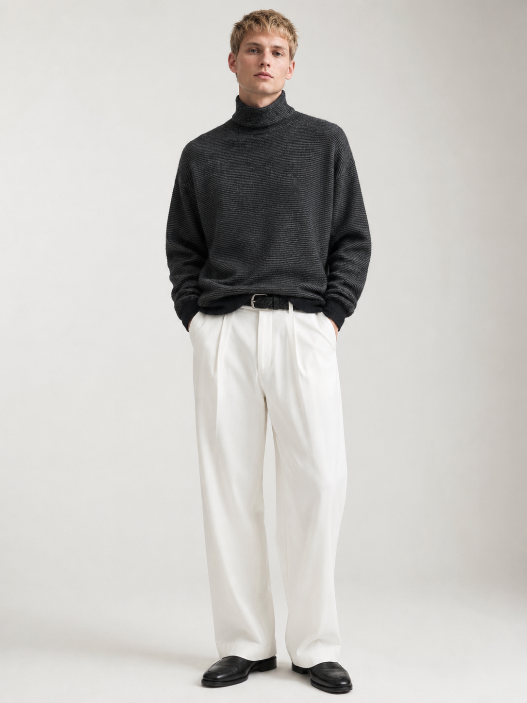 Men's Faux Mink Turtleneck Sweater with Horizontal Stripe Knit