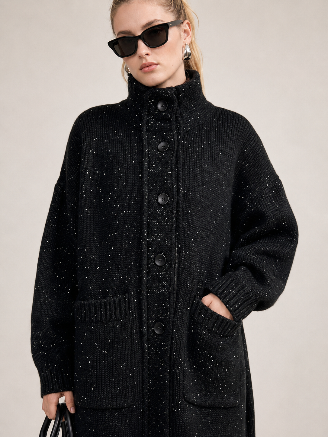 Women's Wool Blend Long Knit Cardigan Coat with Stand Collar & Multi Buttons