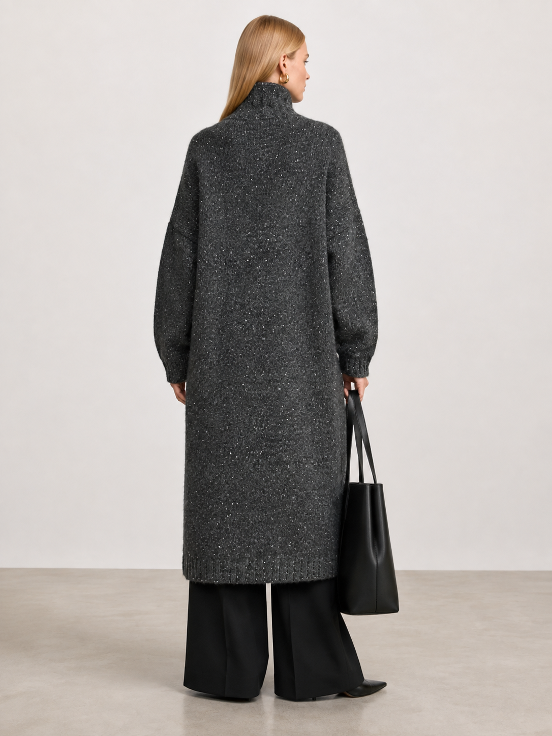 Women's Wool Blend Long Knit Cardigan Coat with Stand Collar & Multi Buttons