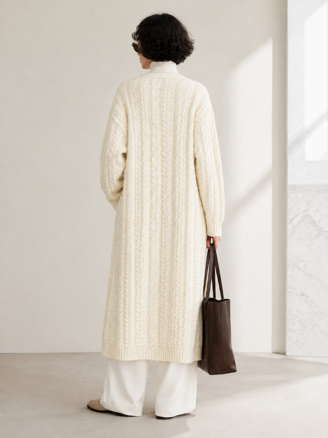 Women's Wool Blend Long Cable Knit Cardigan Coat with V Neck & Wooden Buttons