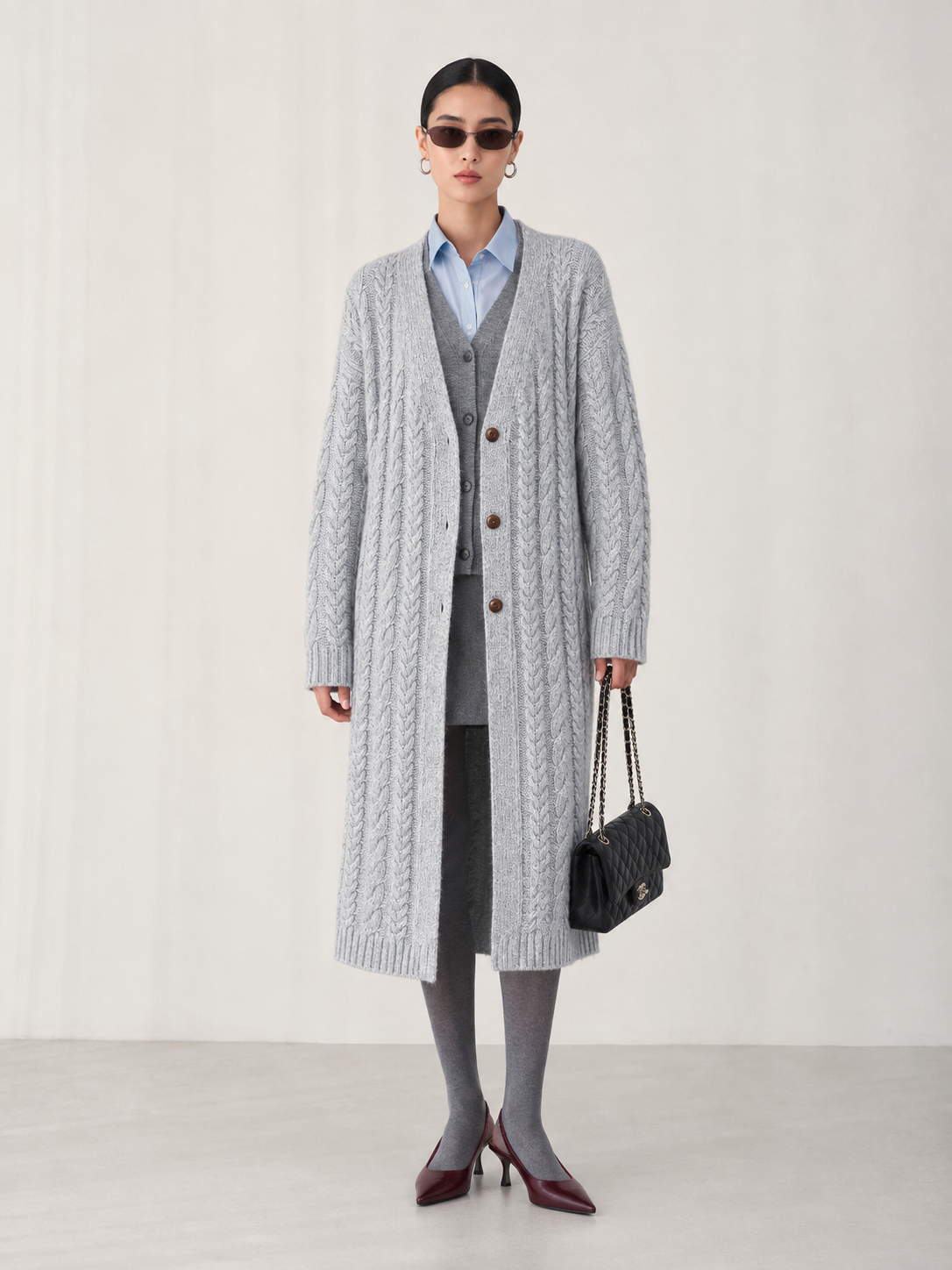 Women's Wool Blend Long Cable Knit Cardigan Coat with V Neck & Wooden Buttons