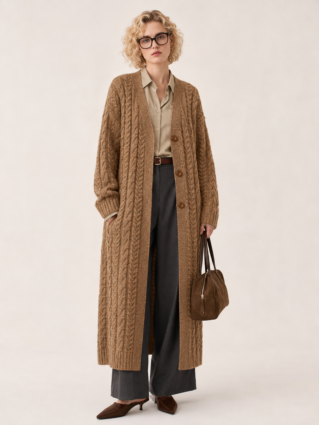 Women's Wool Blend Long Cable Knit Cardigan Coat with V Neck & Wooden Buttons