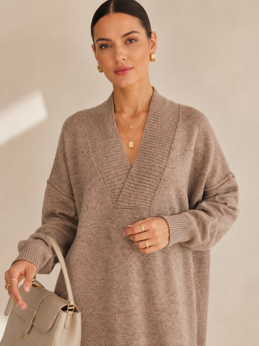 Women's Faux Cashmere V Neck Knit Dress