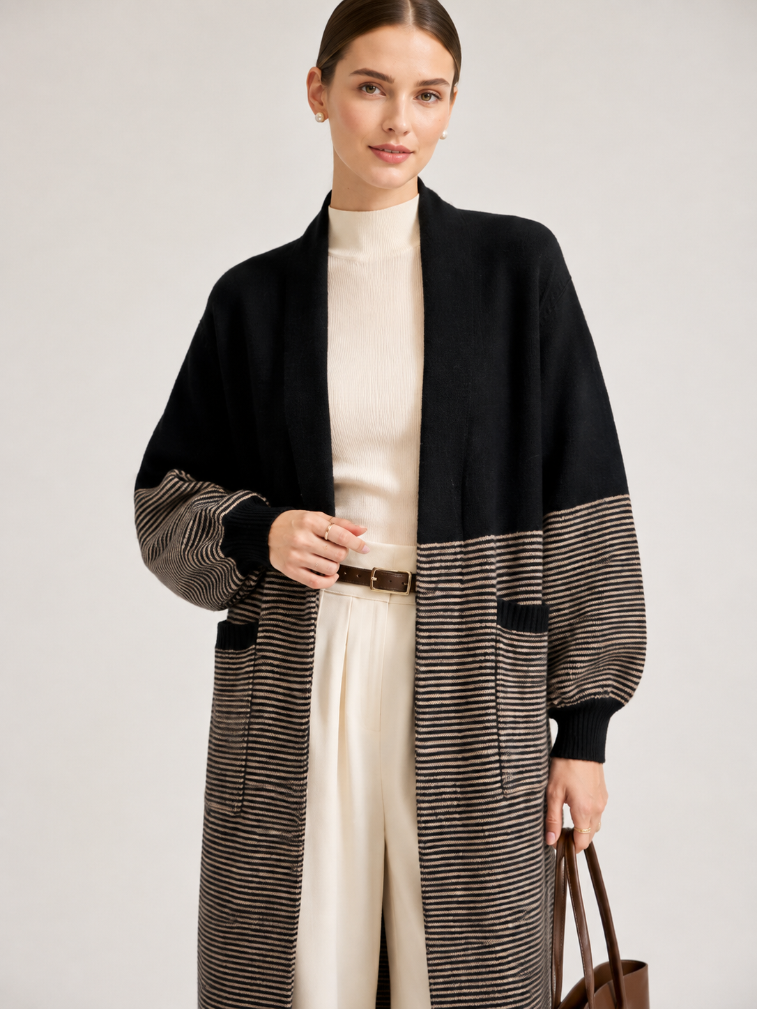 Women's Wool Blend Long Cardigan Coat with Contrast Stripes