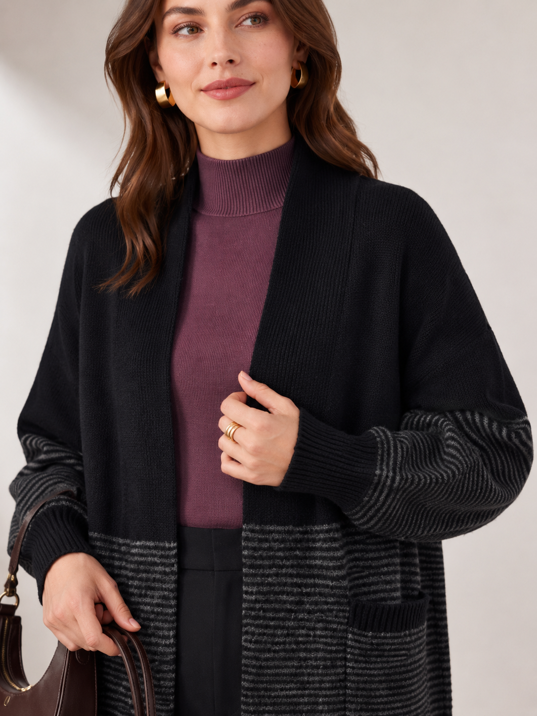 Women's Wool Blend Long Cardigan Coat with Contrast Stripes