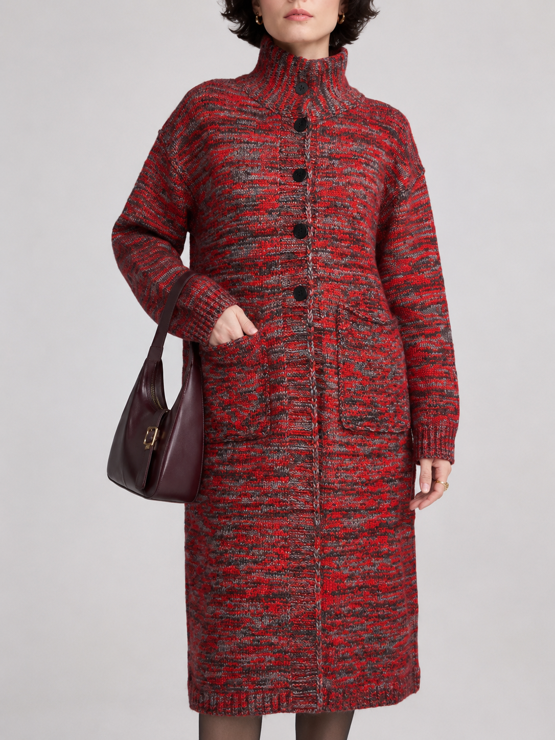 Women's Wool Blend High Neck Long Knit Coat Cardigan with Multi Buttons