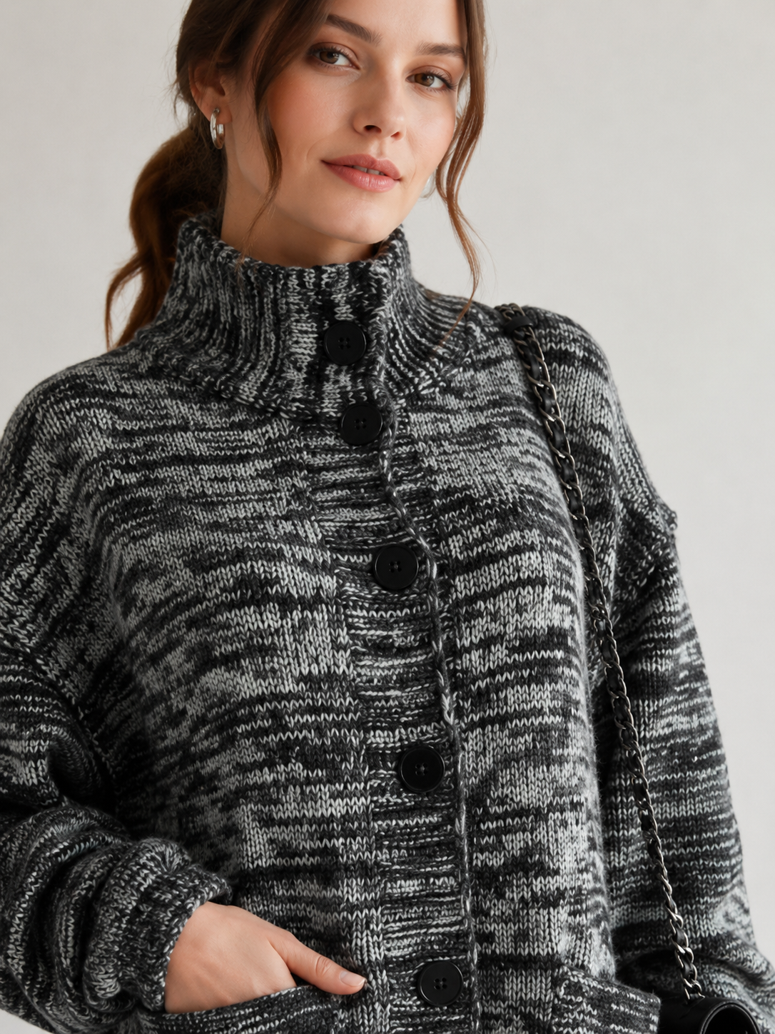 Women's Wool Blend High Neck Long Knit Coat Cardigan with Multi Buttons