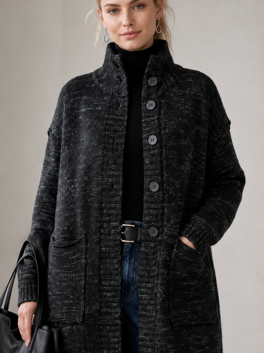 Women's Wool Blend High Neck Long Knit Coat Cardigan with Multi Buttons