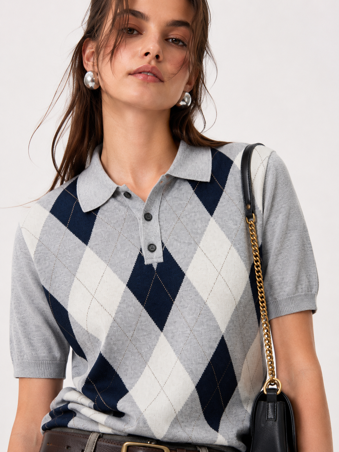 Wool Blend Polo Knit Shirt Argyle Diamond Jacquard Short Sleeve Retro Top