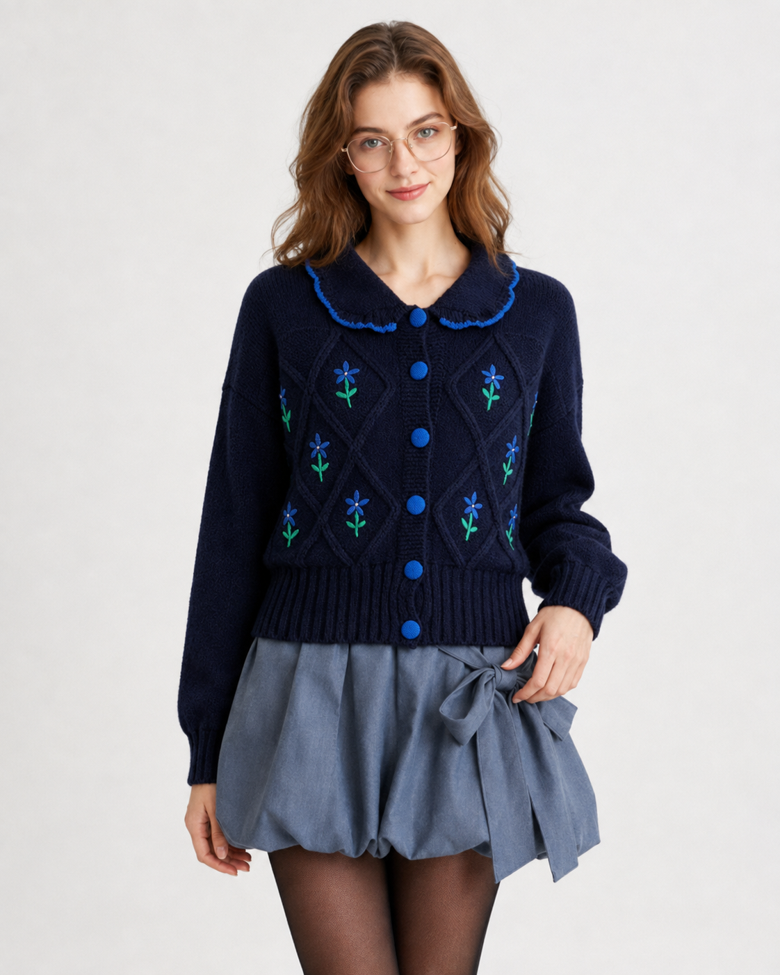 Women’s Jacquard Knit Cardigan Vintage Doll Collar Sweater