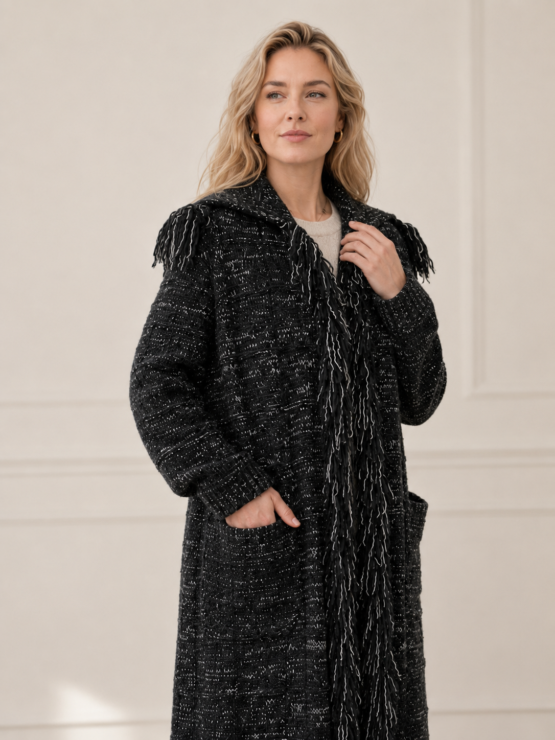 Women's Wool Blend Long Cardigan Sweater with Fringe Detail Belt