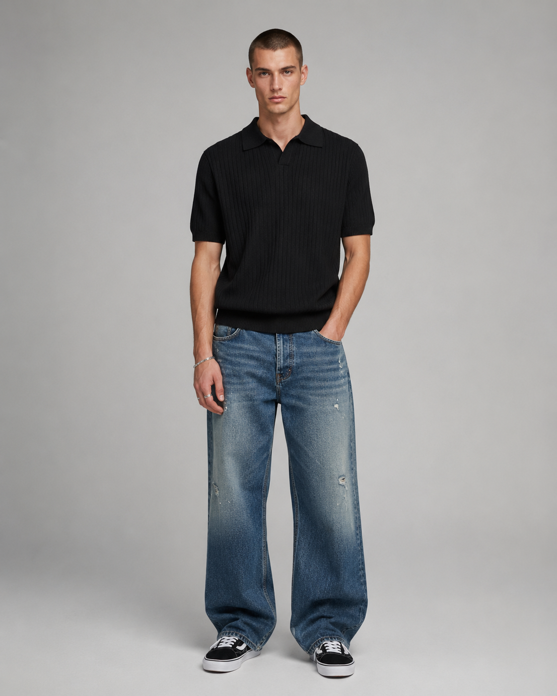 Men's Ribbed Knit Polo Shirt Short Sleeve V-Neck Top