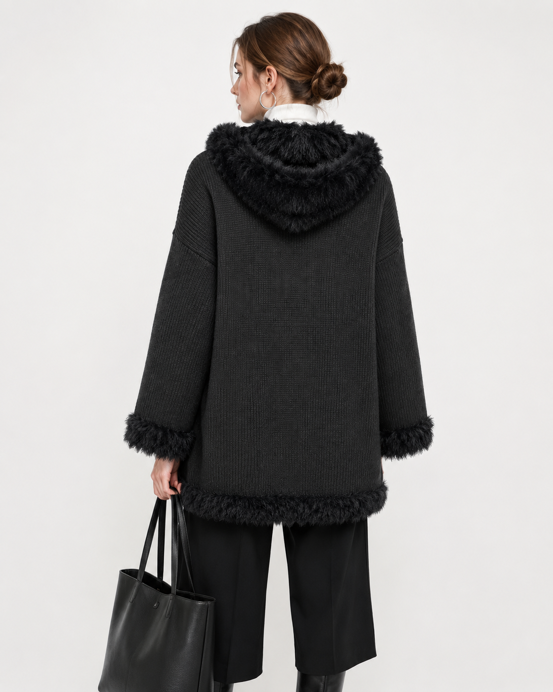 Women's Wool Blend Waffle Knit Hooded Cardigan Sweater with Faux Mink Trim