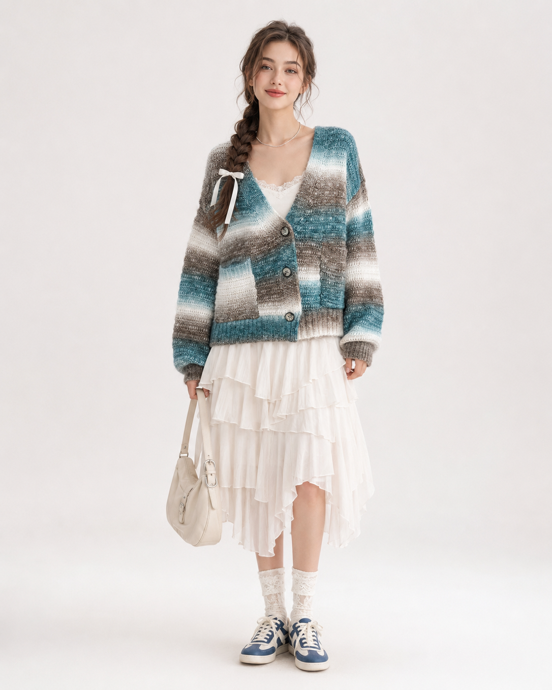 Women's Wool Cashmere Blend Gradient Yarn V Neck Short Cardigan Sweater