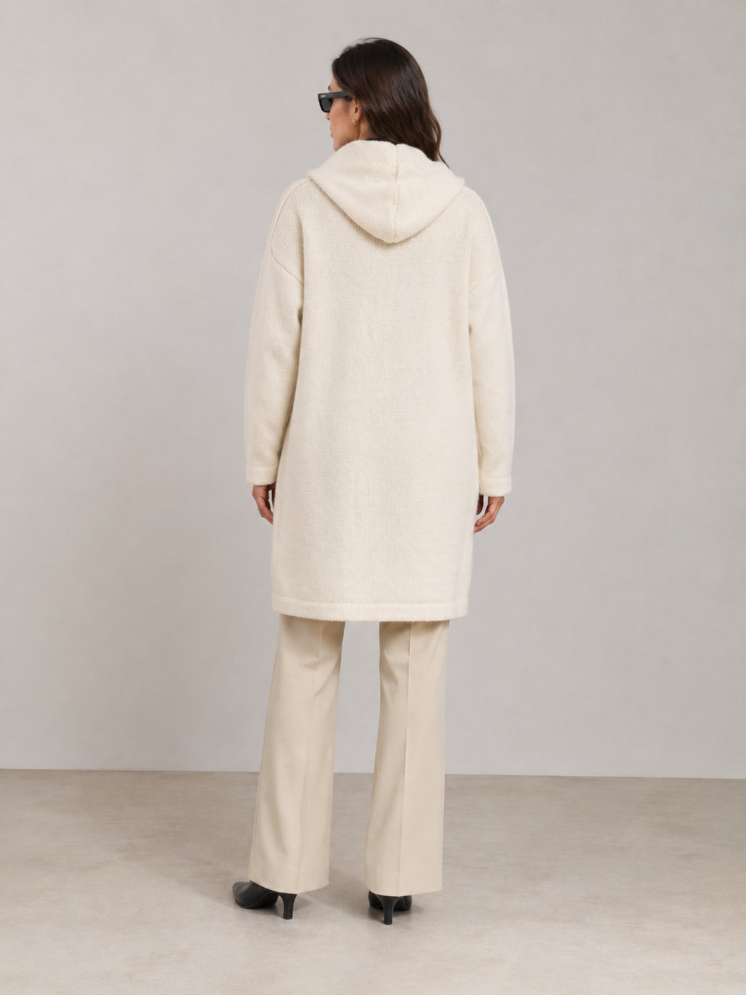 Women's Wool Blend Hooded Long Cardigan Coat with Wooden Buttons