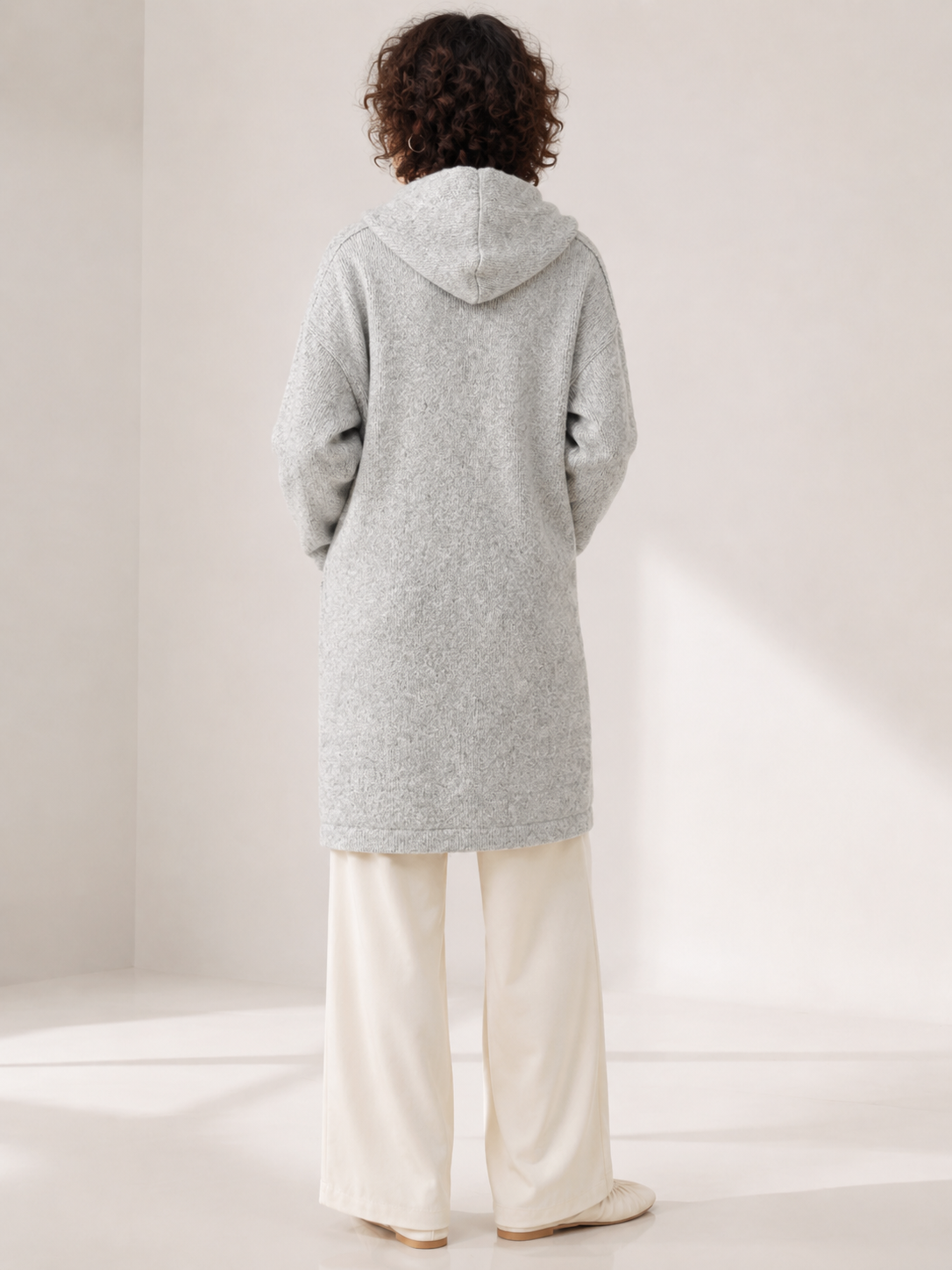 Women's Wool Blend Hooded Long Cardigan Coat with Wooden Buttons