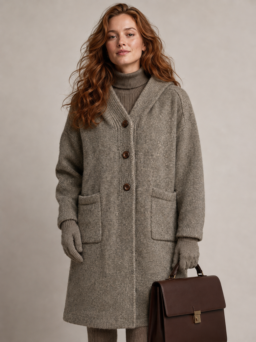 Women's Wool Blend Hooded Long Cardigan Coat with Wooden Buttons