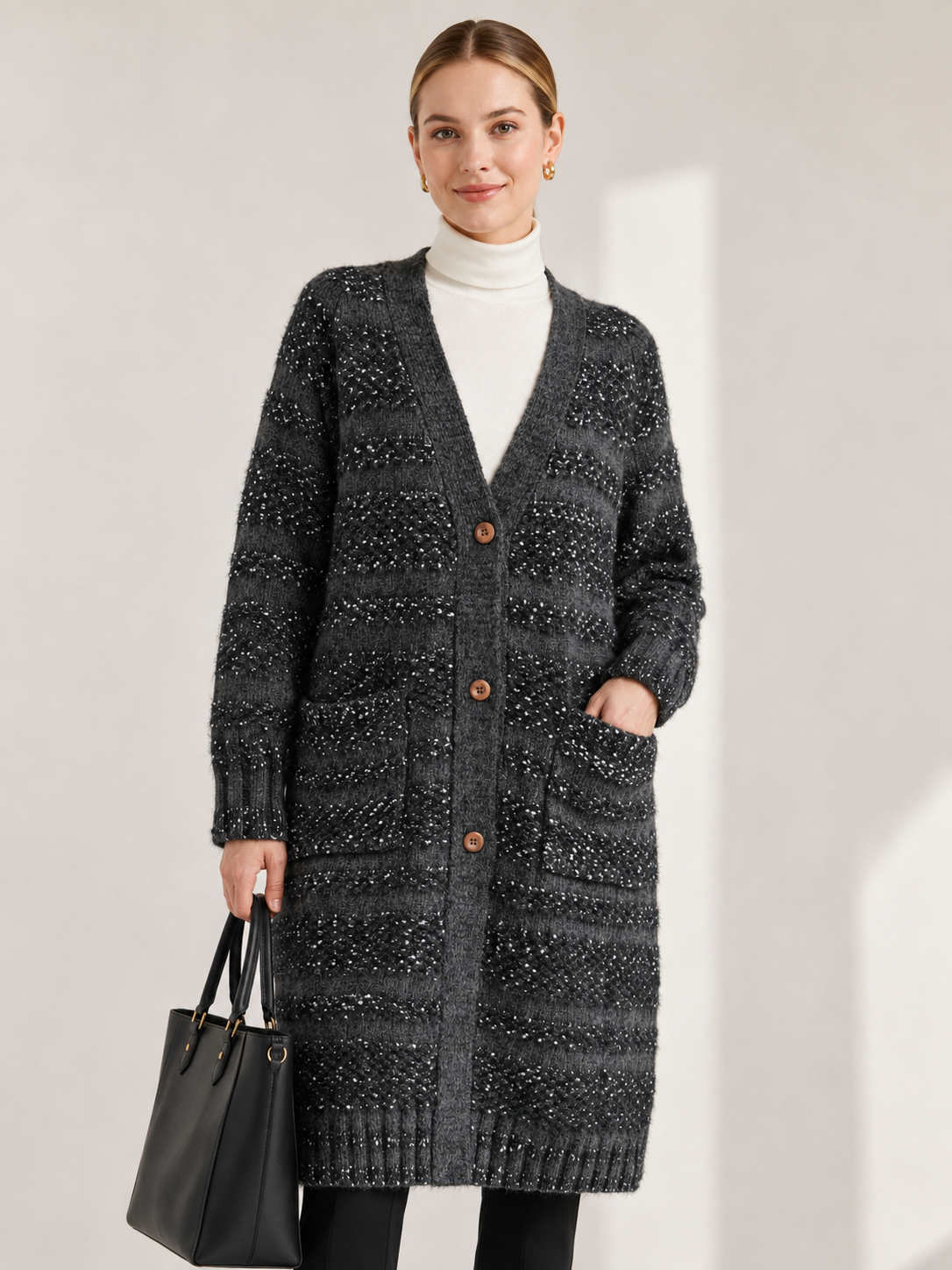 Women's Long Wool Blend Cardigan Coat with V Neck Wooden Buttons