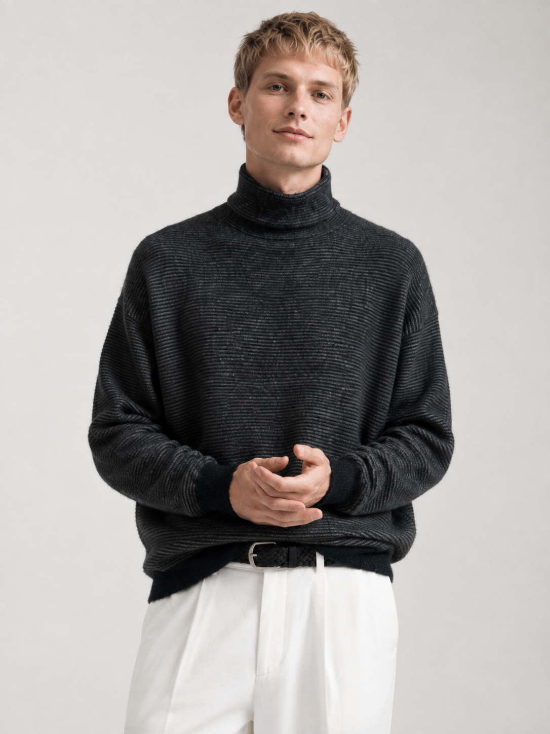 Men's Faux Mink Turtleneck Sweater with Horizontal Stripe Knit