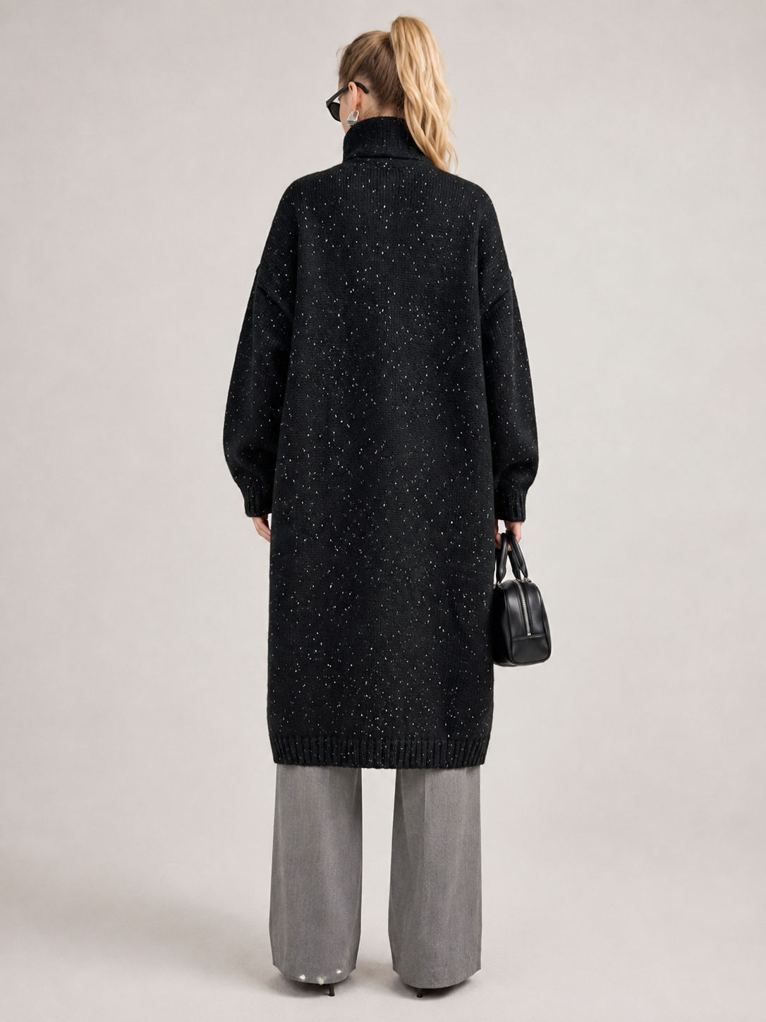 Women's Wool Blend Long Knit Cardigan Coat with Stand Collar & Multi Buttons