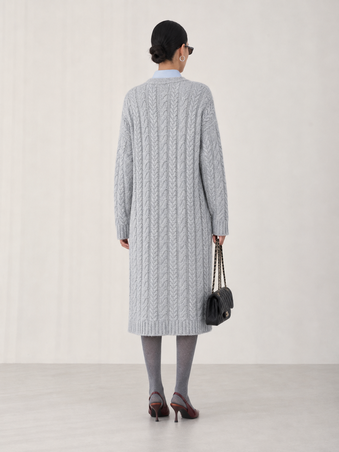Women's Wool Blend Long Cable Knit Cardigan Coat with V Neck & Wooden Buttons