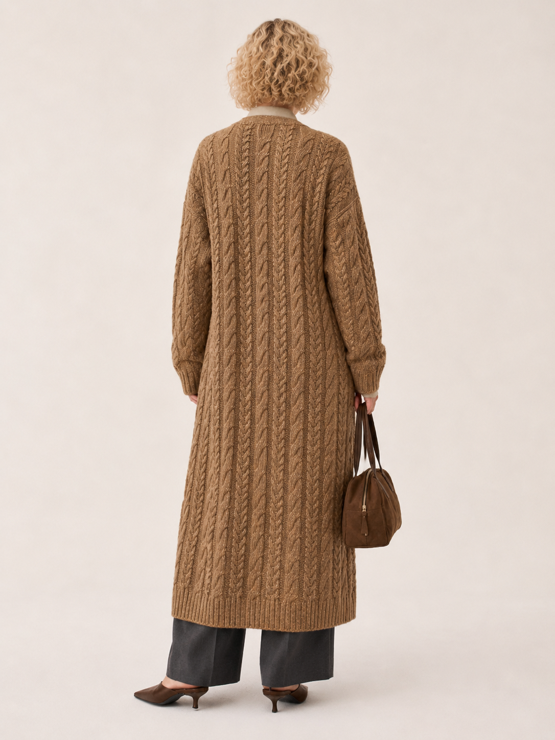 Women's Wool Blend Long Cable Knit Cardigan Coat with V Neck & Wooden Buttons