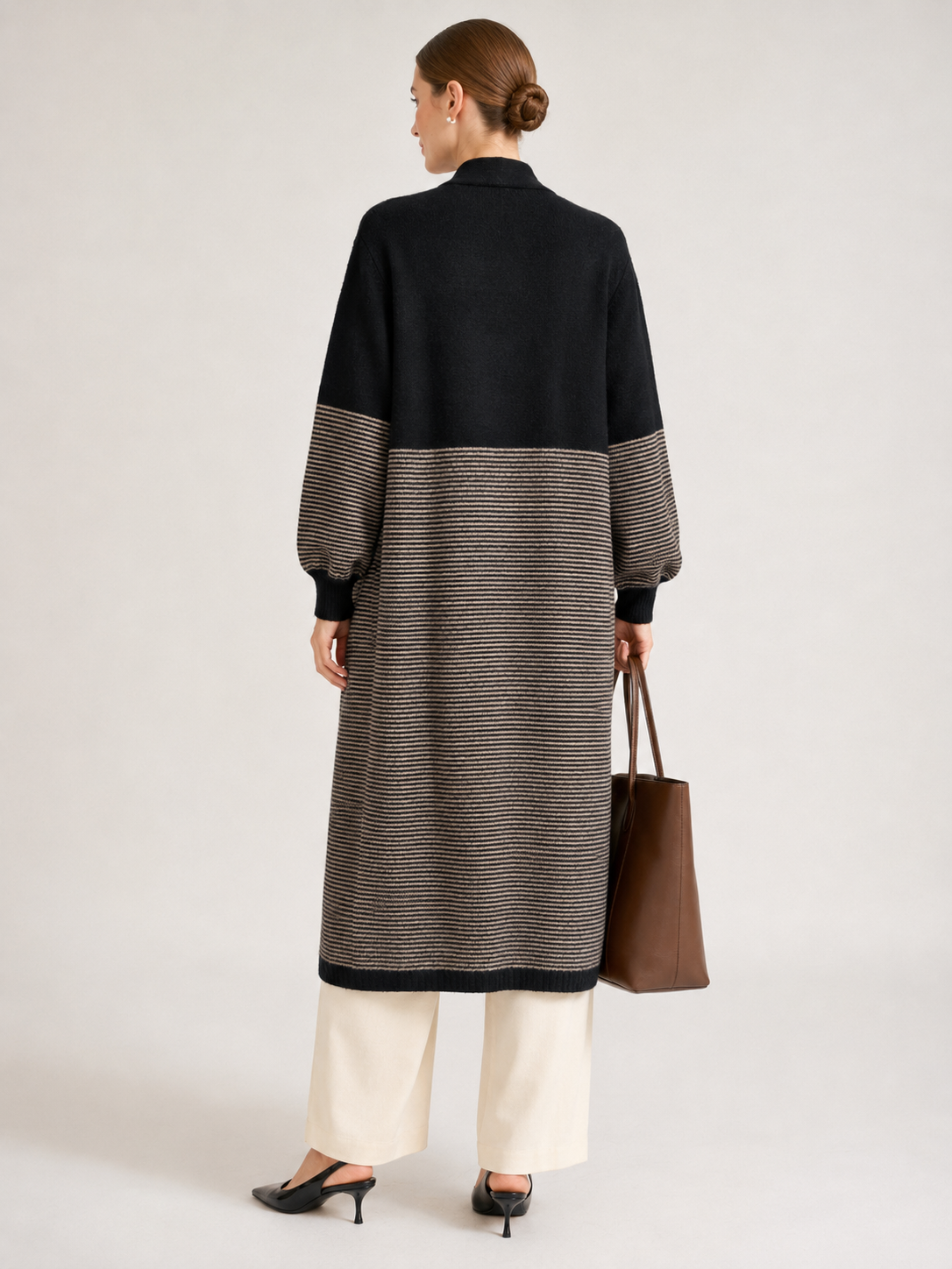 Women's Wool Blend Long Cardigan Coat with Contrast Stripes