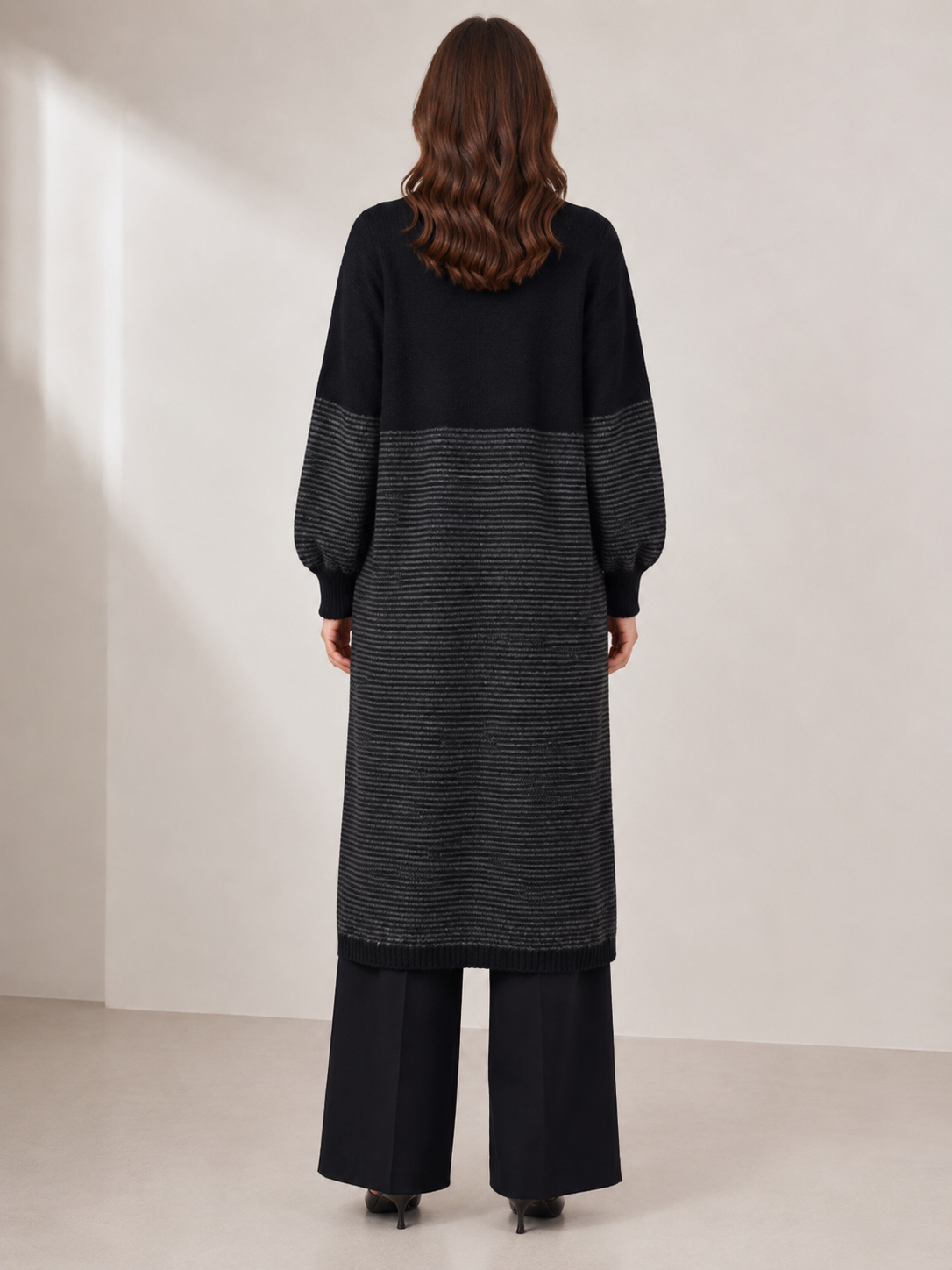 Women's Wool Blend Long Cardigan Coat with Contrast Stripes