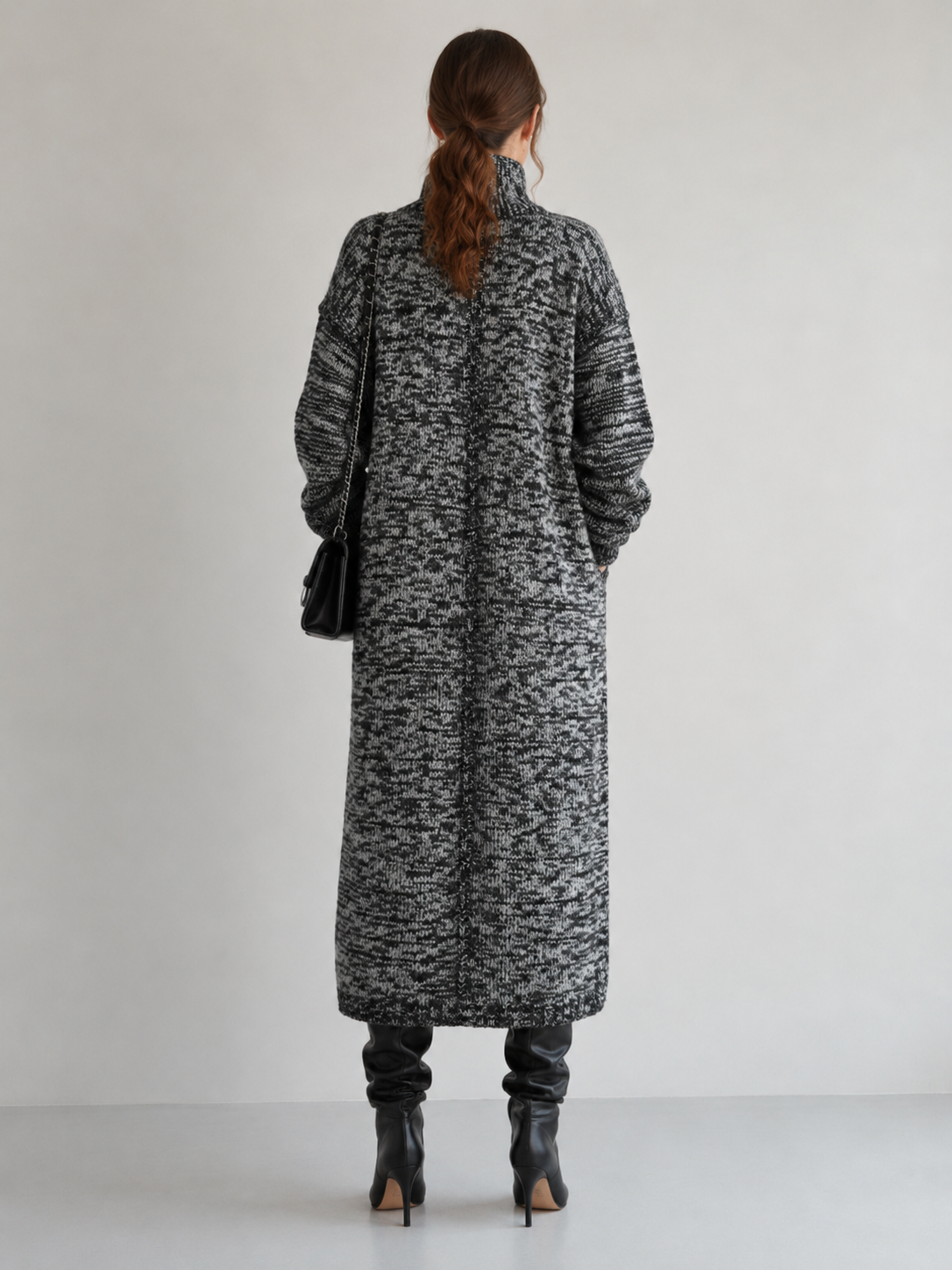 Women's Wool Blend High Neck Long Knit Coat Cardigan with Multi Buttons