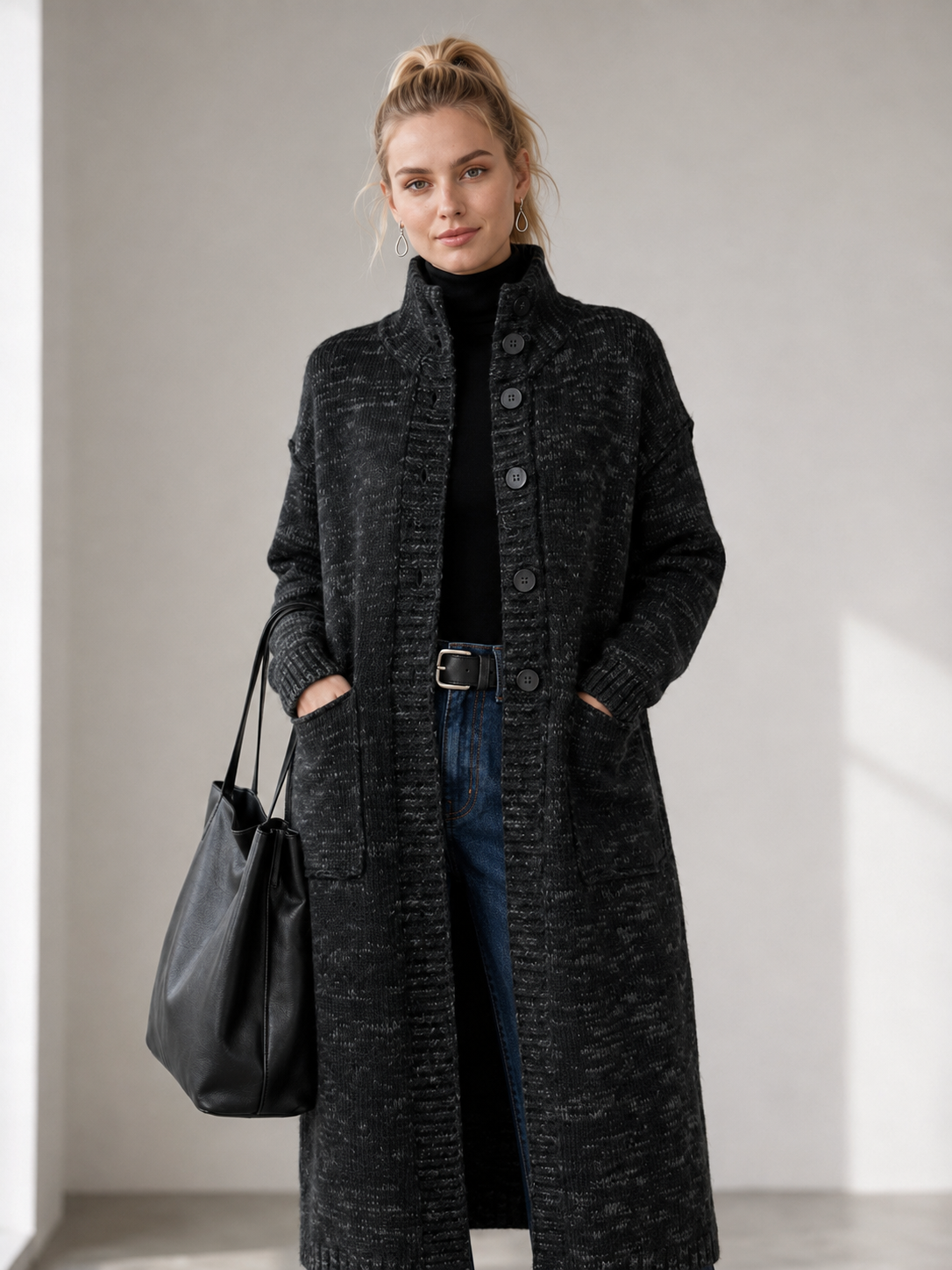 Women's Wool Blend High Neck Long Knit Coat Cardigan with Multi Buttons