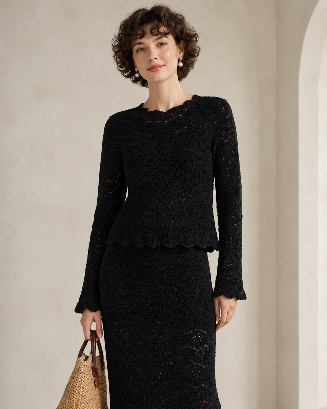 Women's French Vintage Crochet Knit Top