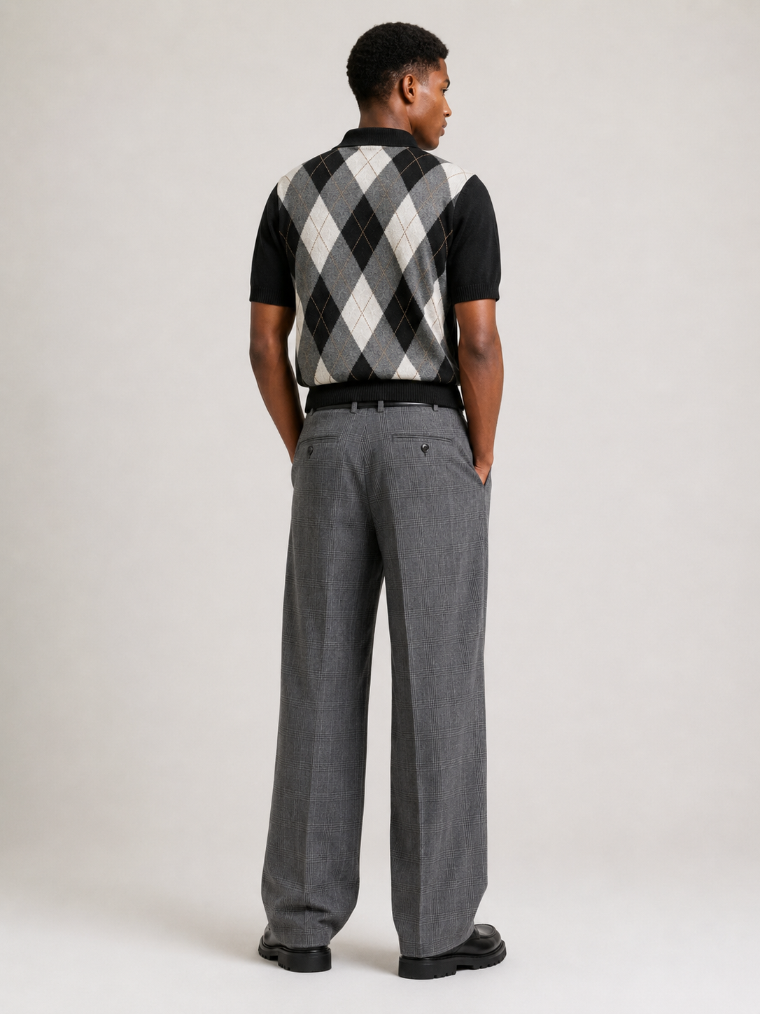 Wool Blend Polo Knit Shirt Argyle Diamond Jacquard Short Sleeve Retro Top
