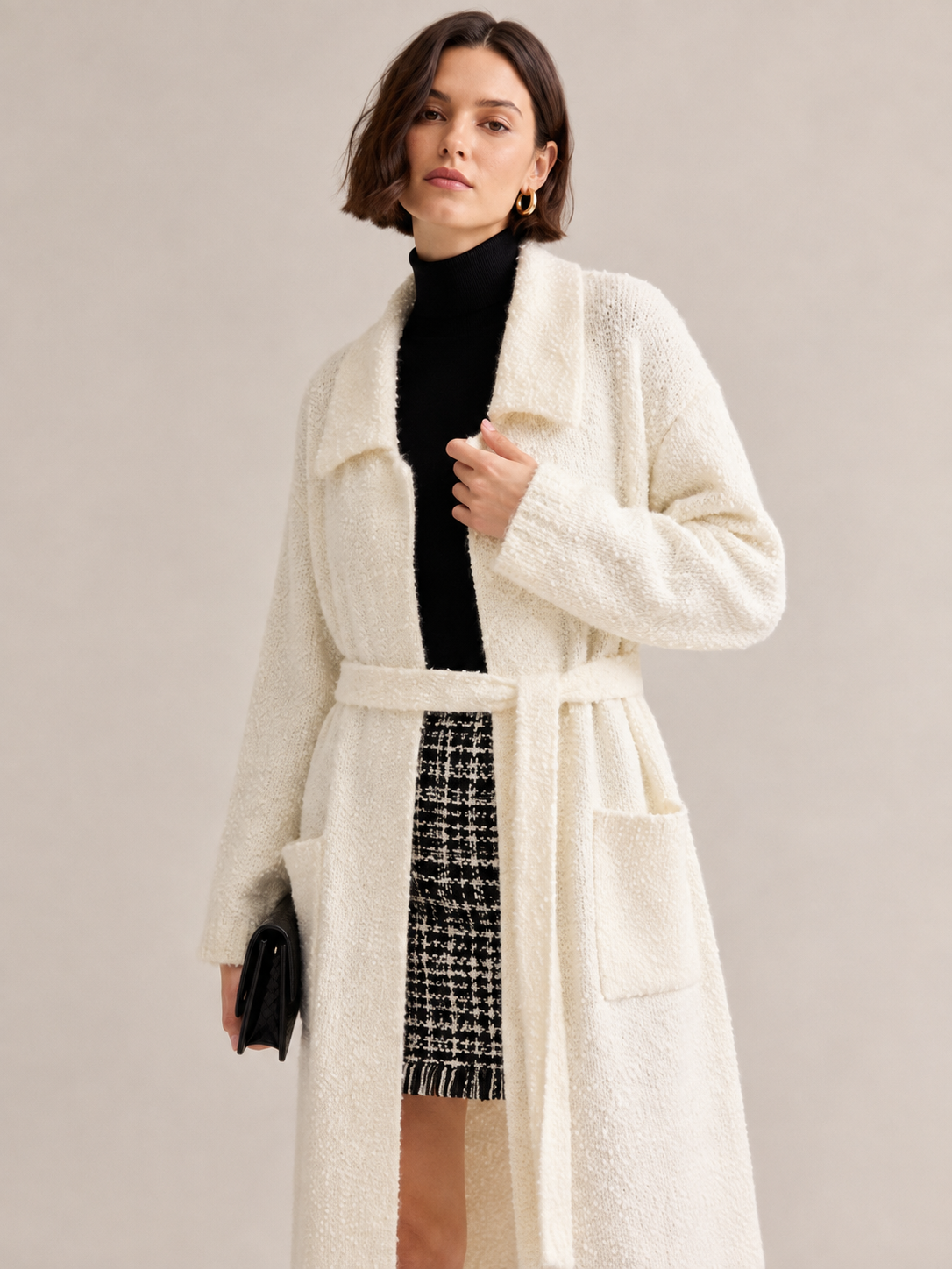 Women's Wool Blend Boucle Long Knit Coat Cardigan
