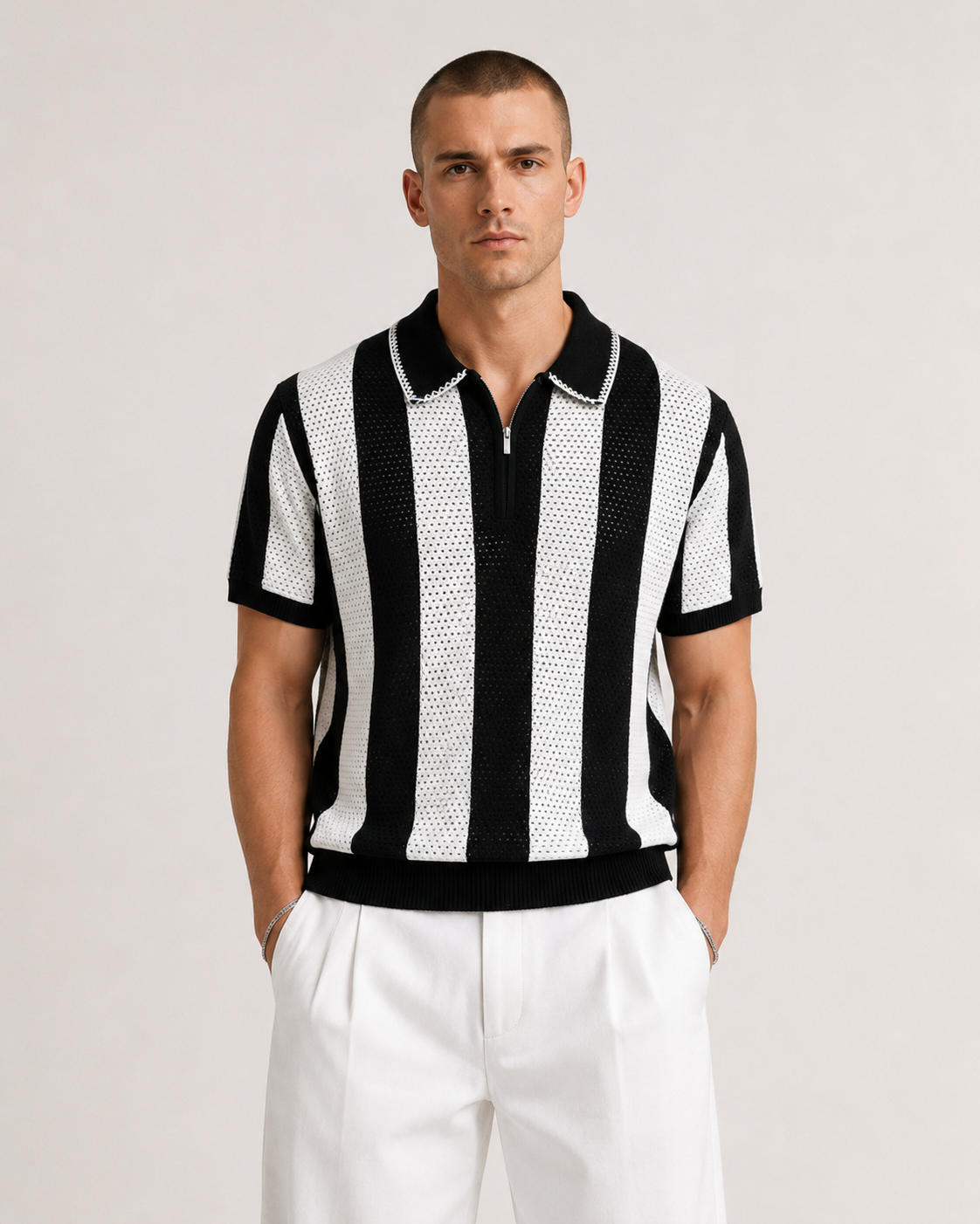 Men’s Cooling Knit Polo Shirt Striped Zip Short Sleeve Top