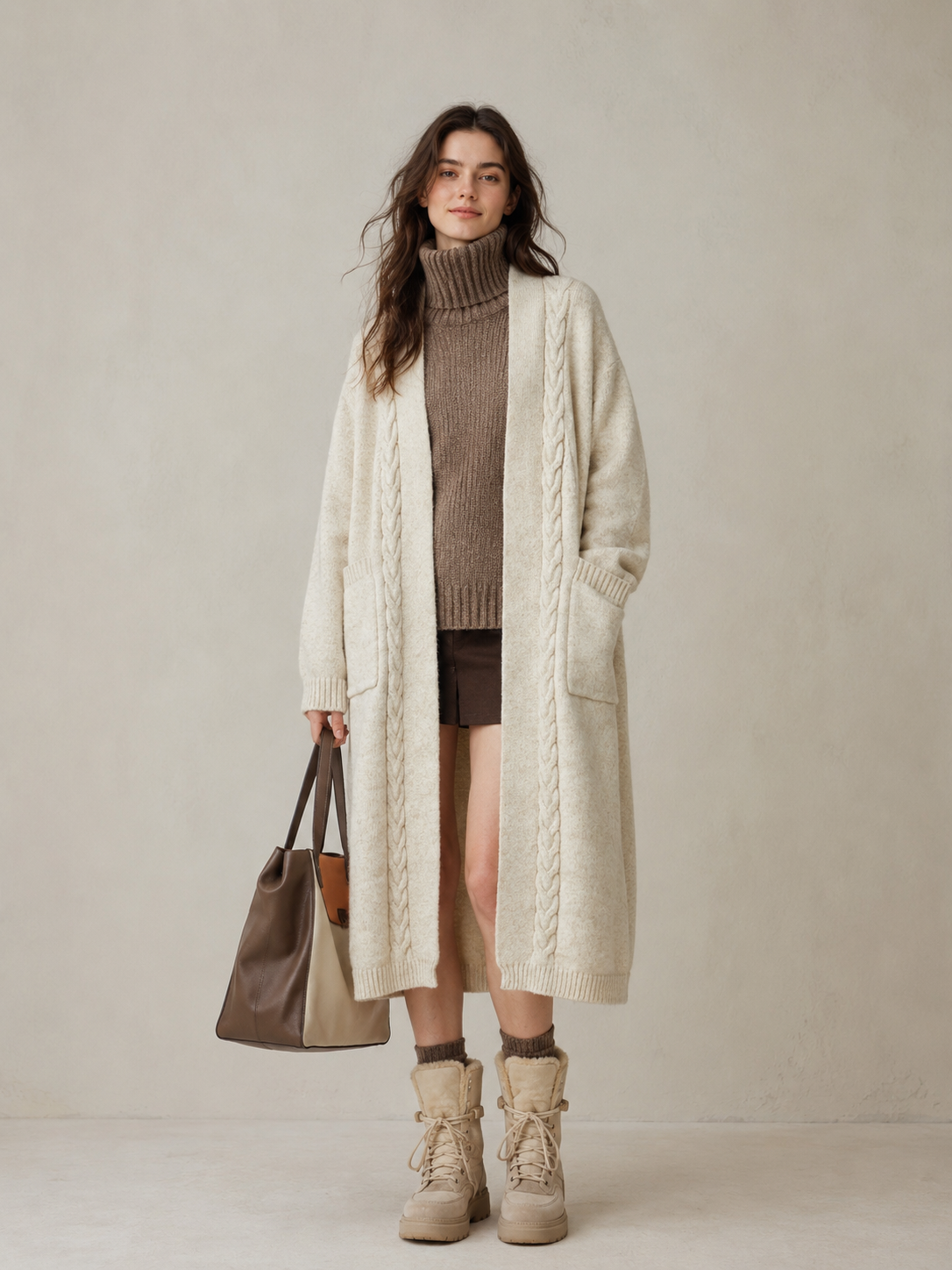 Women's Wool Blend Long Cable Knit Cardigan Sweater