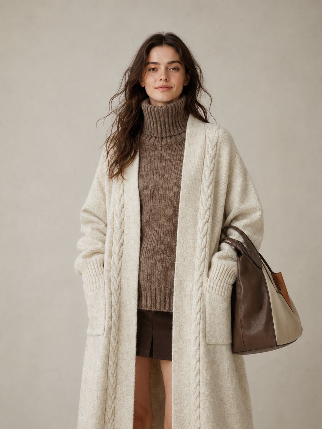 Women's Wool Blend Long Cable Knit Cardigan Sweater