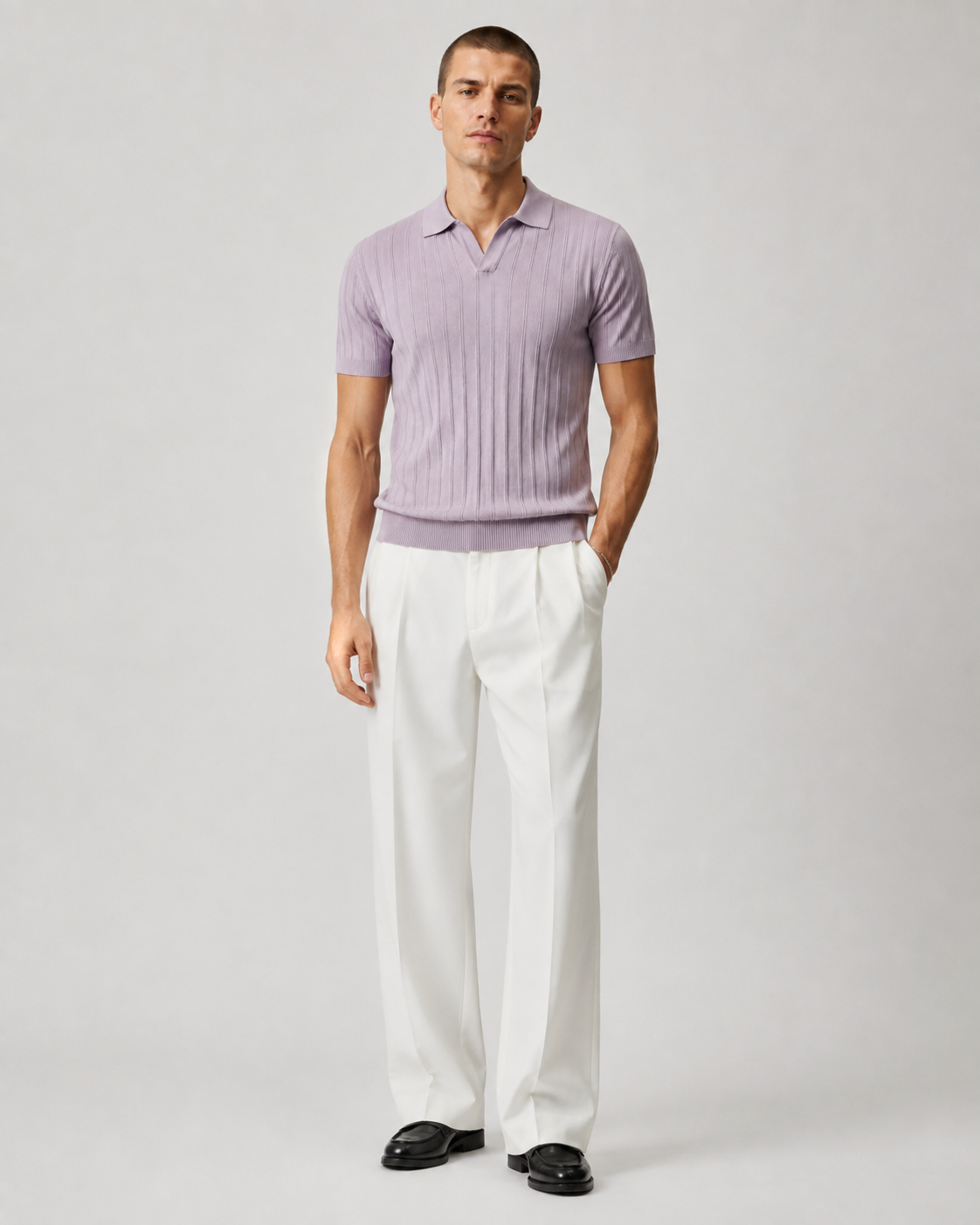 Men’s Ribbed Knit Polo Shirt V-Neck Short Sleeve Top