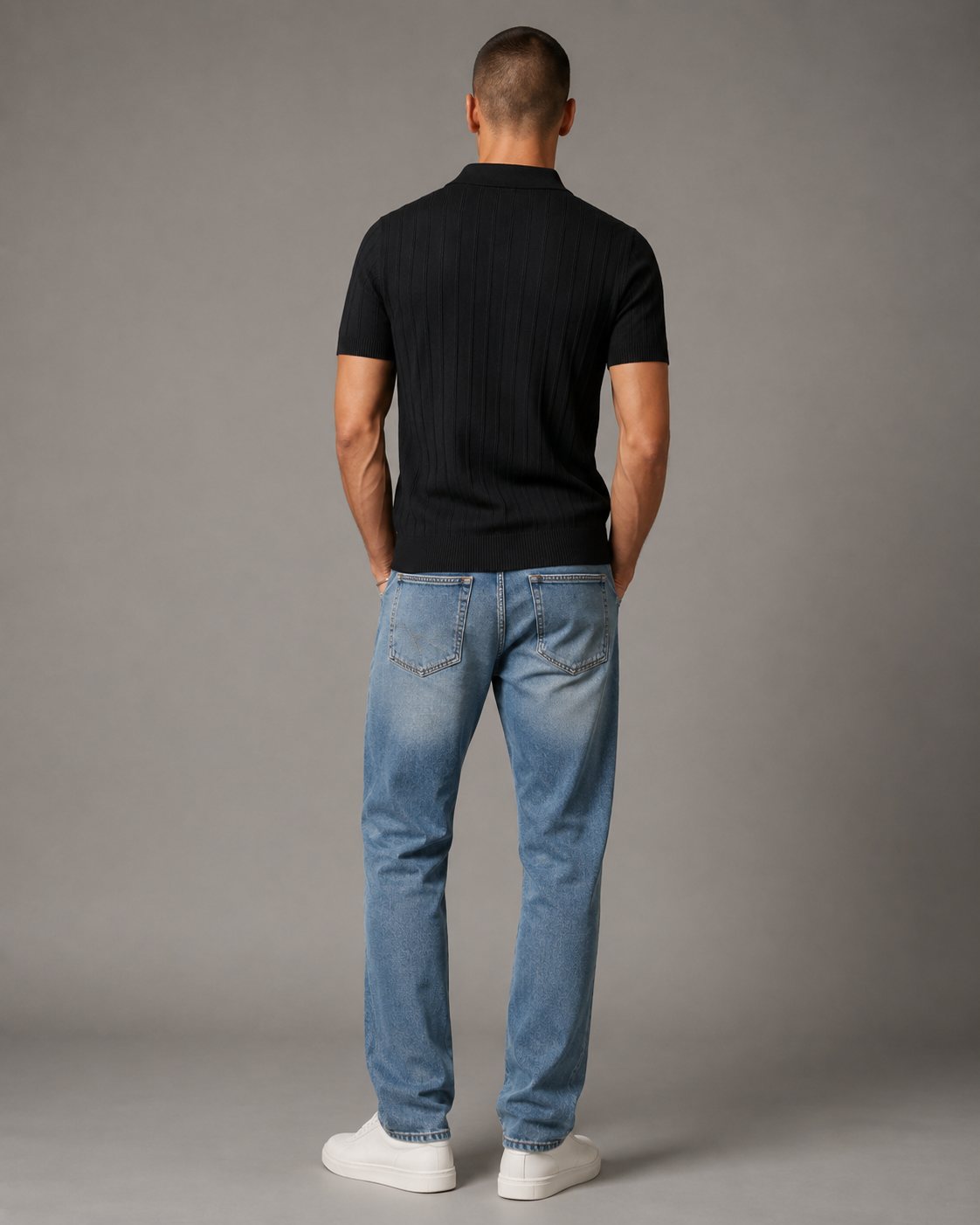 Men’s Ribbed Knit Polo Shirt V-Neck Short Sleeve Top