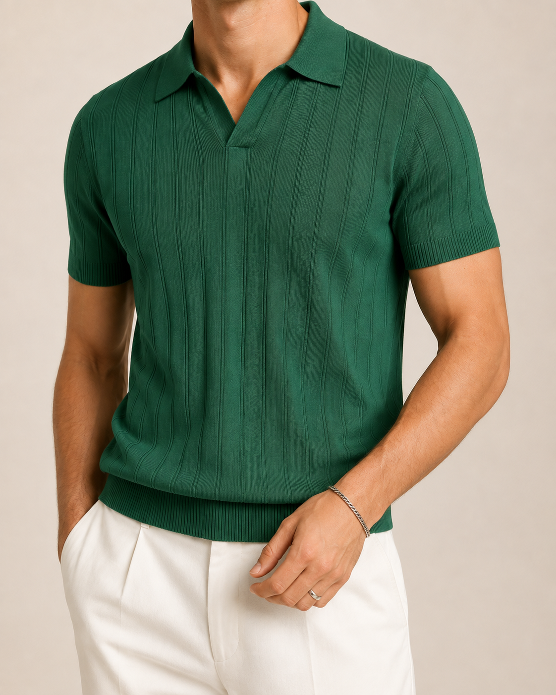Men’s Ribbed Knit Polo Shirt V-Neck Short Sleeve Top