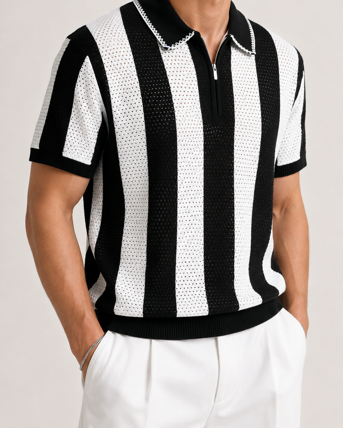 Men’s Cooling Knit Polo Shirt Striped Zip Short Sleeve Top