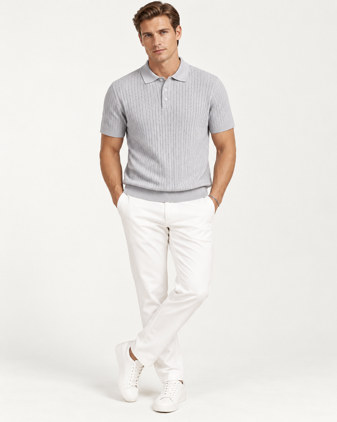 Men’s Old-Money Style Cool-Touch Cable-Knit Polo Shirt